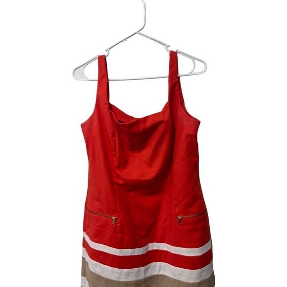 Lauren Ralph Lauren Orange White Tan Stripes Sheath Dress Zip Back Pockets Sz 12 - Picture 2 of 10